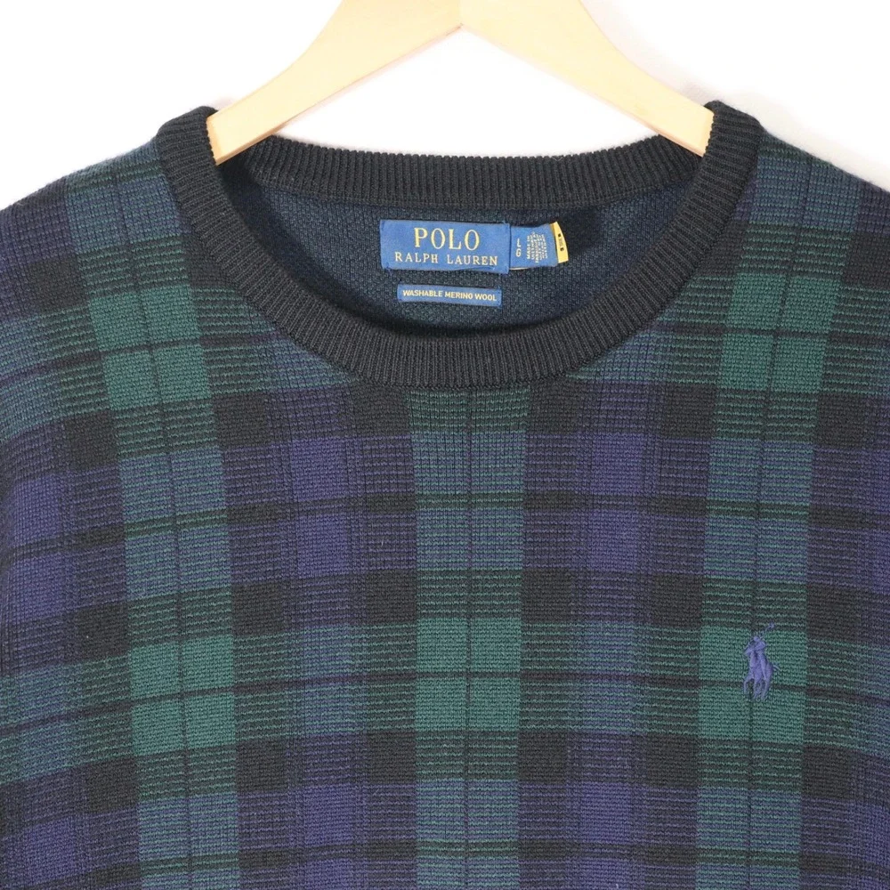 Polo Ralph Lauren Sweater Mens Large Green Plaid Wool Crewneck Pullover Casuaal
